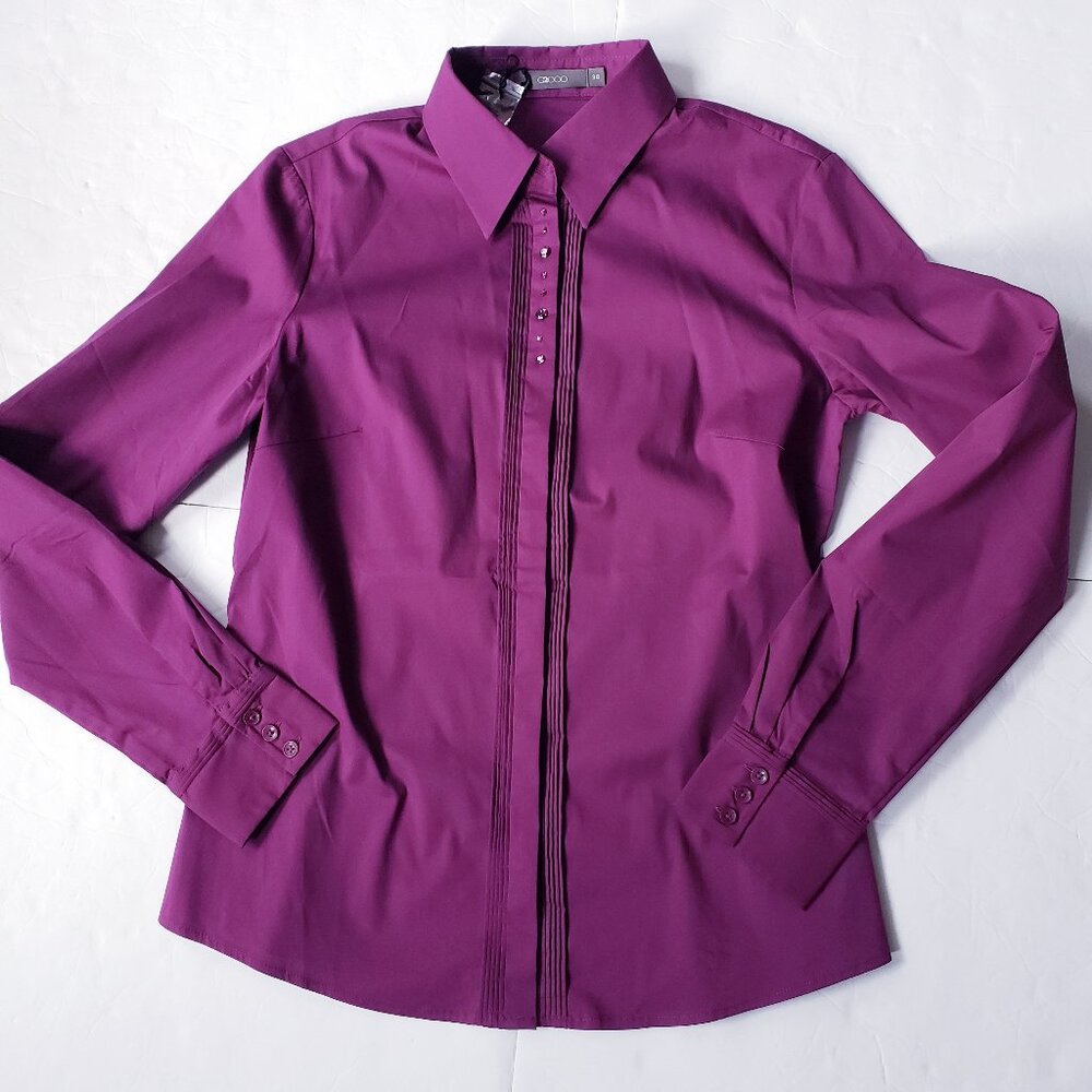 G2000 Rhinestone Pintuck Front Long Sleeve Button Up Purple Shirt